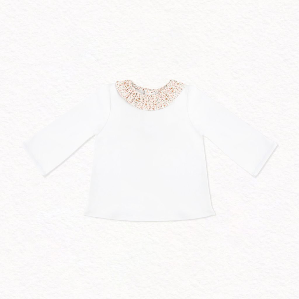 Baby girl T-Shirt Carine white jersey cotton, Floral Collar